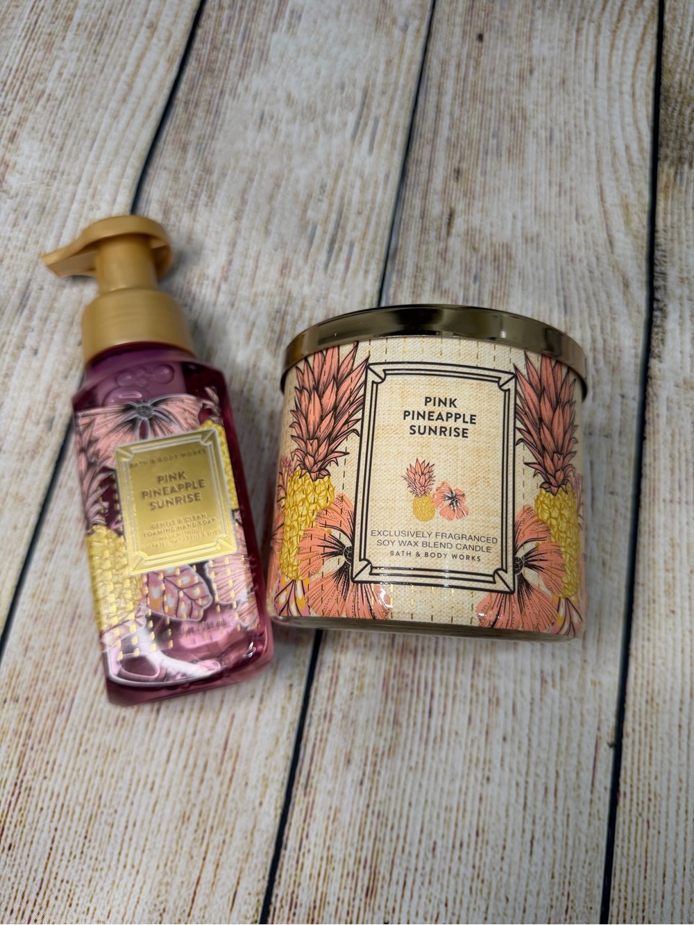 Set of 2 Bath & Body Works Pink Pineapple Sunrise Hand Soap and Candle NWT